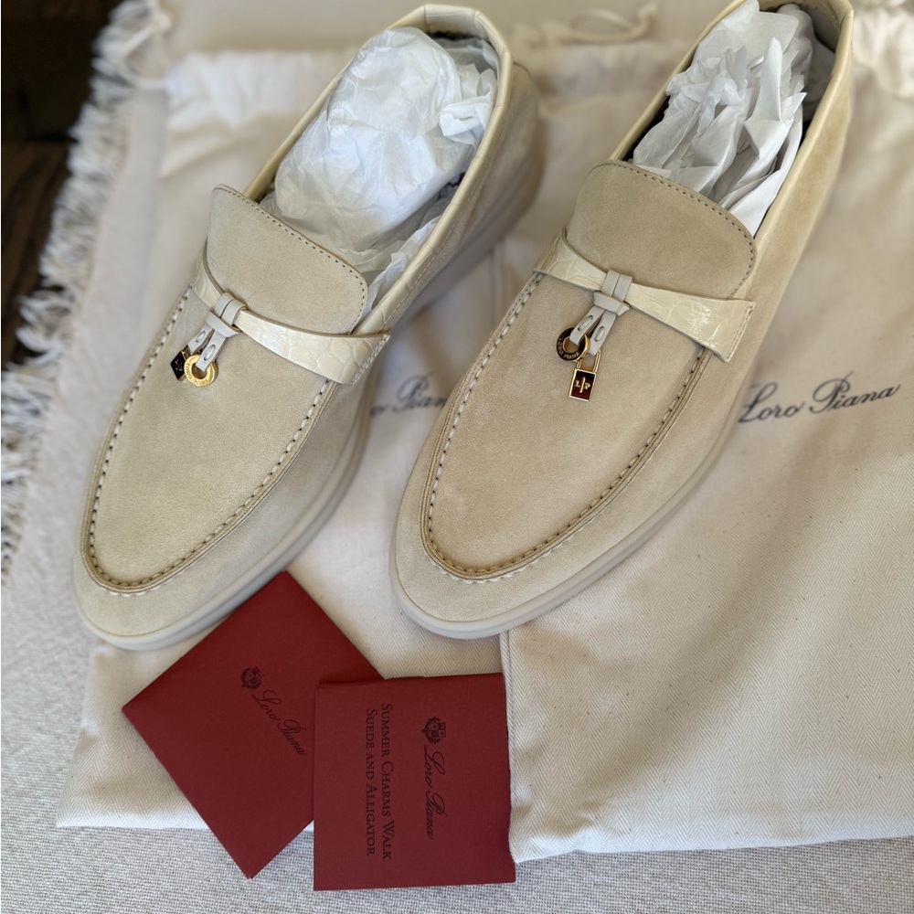 Loro Piana Cream Suede Loafers with Gold Accent